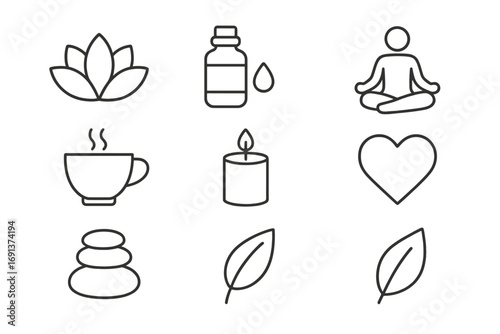 Wellness Icon Collection. Outline icon set of wellness blogging: lotus flower, essential oil bottle,
