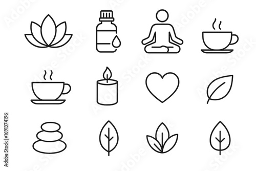 Wellness Icon Collection. Outline icon set of wellness blogging: lotus flower, essential oil bottle,