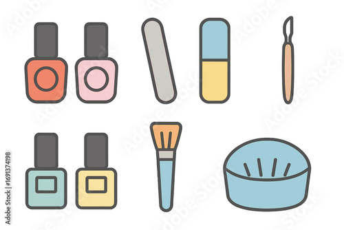 Kids' Manicure Set. Flat vector mini-illustrations Nail polish and manicure tools in colors children's illustrations: nail polish