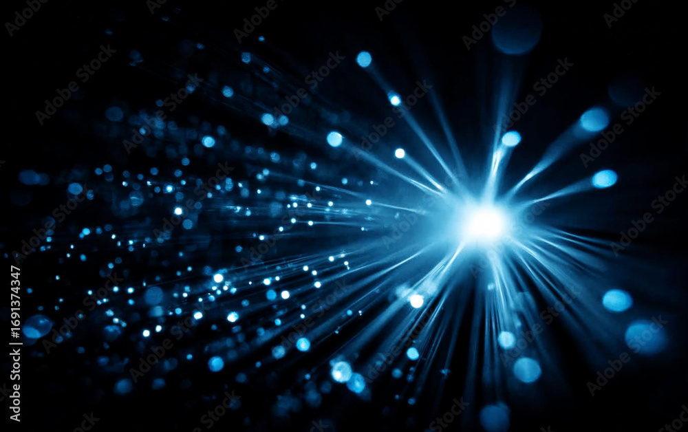 Fototapeta premium Bright Blue Light Burst with Radiating Lines in Dark Background