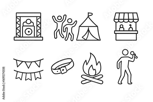 Festival Experience Icons. Outline icon set of festival experiences: music stage, dancing crowd, tent icon,