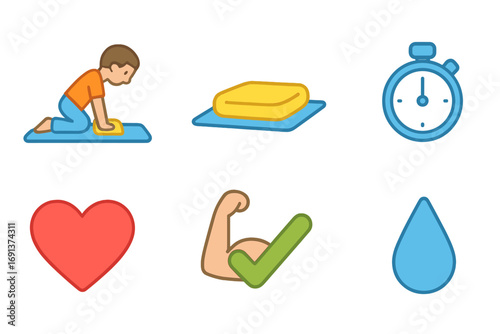 Knee Push-Up Icons. Flat vector mini-illustrations Knee push-up modification in colors children's illustrations: person on knees,
