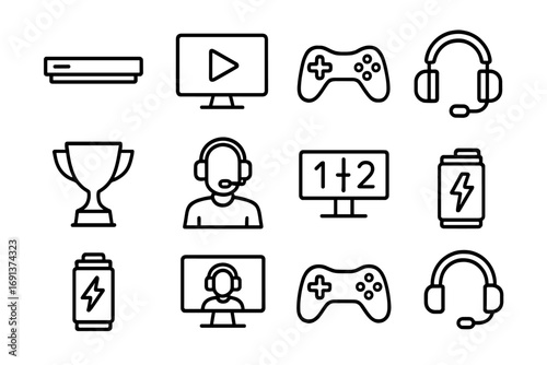Esports Icon Set. Outline icon set of esports spectators: gaming console, streaming monitor, joystick, headset