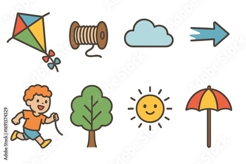 Kite Flying Fun. Flat vector mini-illustrations Kite flying competition in colors children's illustrations: kite, spool of string,