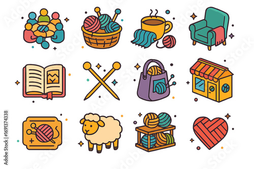 Knitting Isometric Icons. Colorful isometric vector icons set of knitting community and lifestyle: knitting circle, basket of yarn