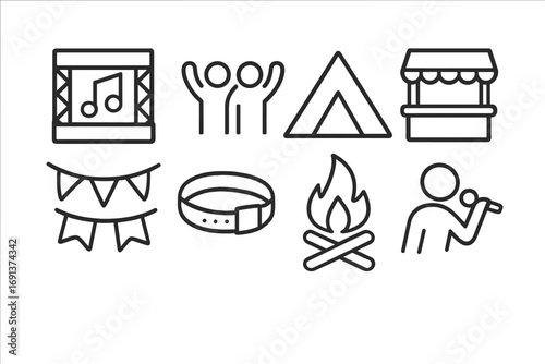 Festival Experience Icons. Outline icon set of festival experiences: music stage, dancing crowd, tent icon,