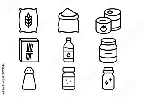 Pantry Icons Grid. Outline icon set of pantry essentials: rice bag, flour sack, canned goods, pasta box,
