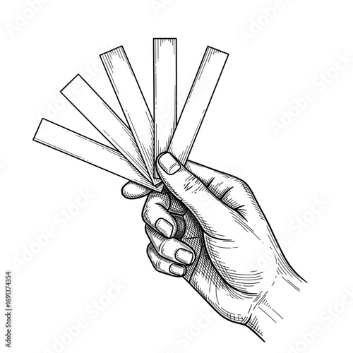 Hand holding fragrance test strips, perfume testing concept – detailed hand-drawn black and white vintage sketch. Vector engraving illustration on white background.