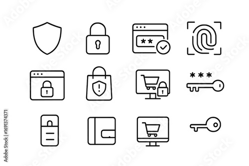 E-Commerce Security Icons. Outline icon set of e-commerce security: shield icon, padlock, two-factor