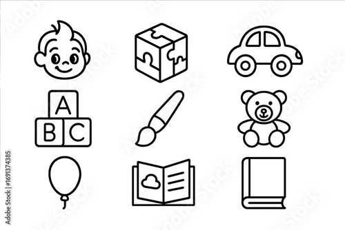 Children's TV Icon Set. Outline icon set of children’s TV networks: cartoon character, puzzle block, toy car,