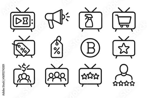 TV Advertising Icons. Outline icon set of advertising on television: commercial break icon, megaphone, product