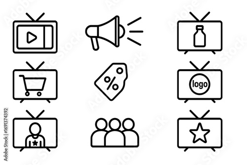 TV Advertising Icons. Outline icon set of advertising on television: commercial break icon, megaphone, product