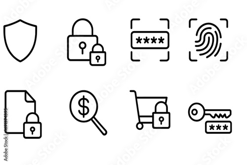 E-Commerce Security Icons. Outline icon set of e-commerce security: shield icon, padlock, two-factor