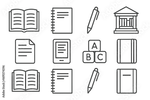 Learning Icons Set. Outline icon set of reading and writing learning: open book, notebook, pen, library, essay