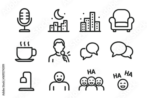 Late-Night TV Icons. Outline icon set of late-night TV shows: desk microphone, night skyline, city lights,