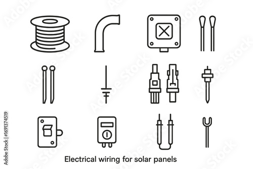 Solar Wiring Icons. Outline icon set of electrical wiring for solar panels: cable spool, conduit pipe,