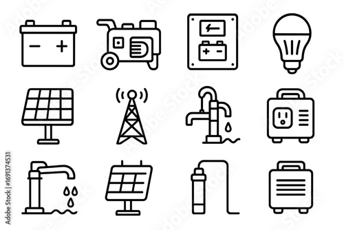 Off-Grid Solar Icons. Outline icon set of off-grid solar systems: battery pack, diesel generator, charge