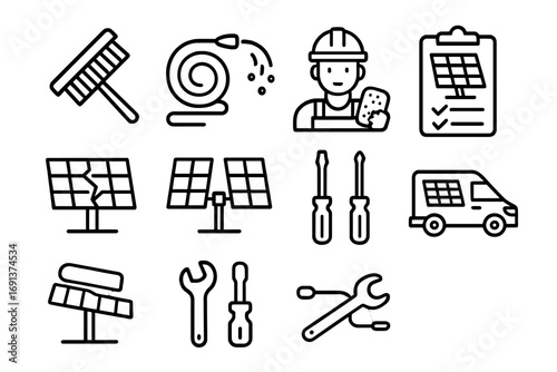 Solar Maintenance Icons. Outline icon set of solar maintenance: cleaning brush, water hose, technician with