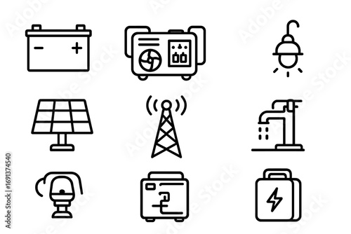 Off-Grid Solar Icons. Outline icon set of off-grid solar systems: battery pack, diesel generator, charge