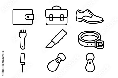 Leather Goods Icons. Outline icon set of handmade leather goods: leather wallet, satchel bag, leather shoes,