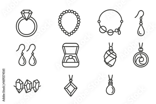Handmade Jewelry Icons. Outline icon set of handmade jewelry: gemstone ring, pearl necklace, charm bracelet,