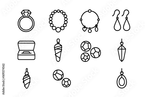 Handmade Jewelry Icons. Outline icon set of handmade jewelry: gemstone ring, pearl necklace, charm bracelet,