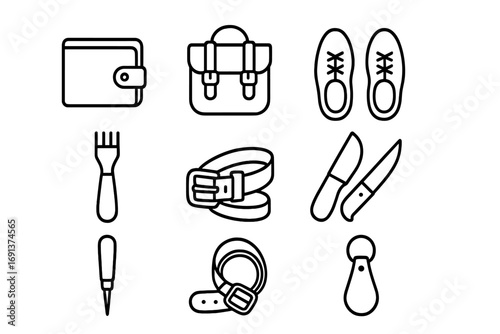 Leather Goods Icons. Outline icon set of handmade leather goods: leather wallet, satchel bag, leather shoes,