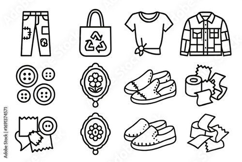 Upcycled Fashion Icons. Outline icon set of upcycled fashion: patched jeans, recycled fabric bag, old T-shirt