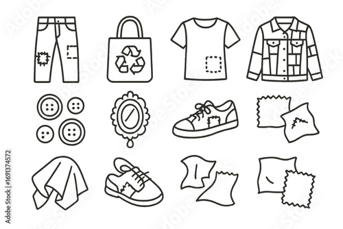 Upcycled Fashion Icons. Outline icon set of upcycled fashion: patched jeans, recycled fabric bag, old T-shirt