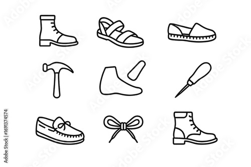 Handmade Shoe Icons. Outline icon set of handmade shoes: leather boots, sandals, espadrilles, cobbler hammer,