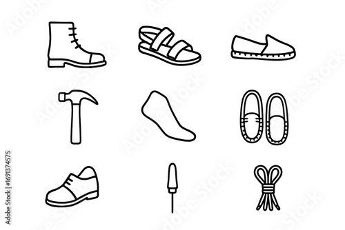 Handmade Shoe Icons. Outline icon set of handmade shoes: leather boots, sandals, espadrilles, cobbler hammer,