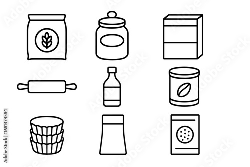 Baking Supplies Icons. Outline icon set of baking supplies: flour bag, sugar jar, baking soda box, rolling pin