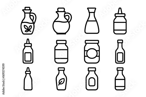 Cooking Condiments Icons. Outline icon set of cooking oils and condiments: olive oil bottle, vinegar jar, soy