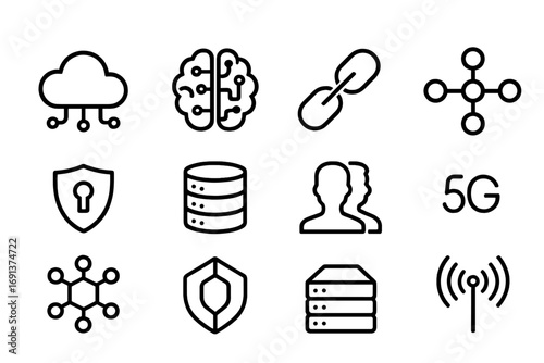 Digital Trend Icons Grid. Outline icon set of cross-industry digital trends: cloud computing, AI brain,