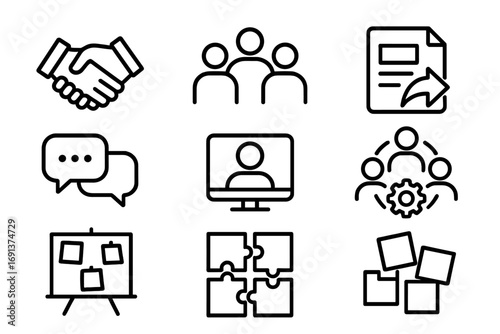Creative Collaboration Icons. Outline icon set of collaboration in creativity: handshake, group of people,