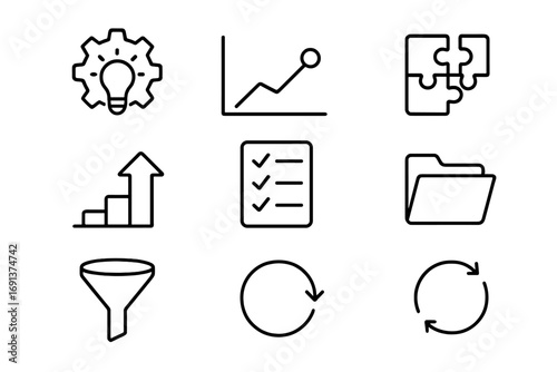Idea Development Icons. Outline icon set of idea development: gear with light bulb, timeline chart, puzzle