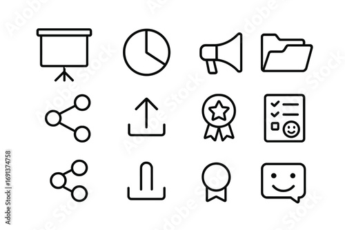 Presentation Icons Set. Outline icon set of presentation and sharing: projector screen, pie chart, megaphone,