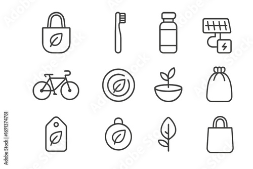 Eco Lifestyle Icons. Outline icon set of eco lifestyle: reusable bag, bamboo toothbrush, refillable bottle,