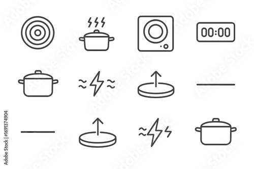 Induction Cooking Icons. Outline icon set of induction cooking: induction coil, magnetic cookware, induction