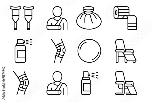 Sports Injury Recovery Icons. Outline icon set of sports injury recovery: crutches, arm sling, ice pack,