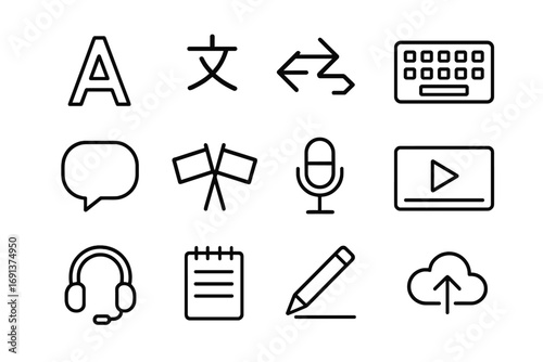 Language Icons Grid. Outline icon set of code-switching and language mixing: letter A, character glyph, translate arrows, keyboard