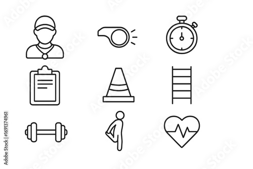 Athletic Training Icons. Outline icon set of athletic training support: coach whistle, stopwatch, clipboard,