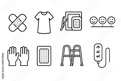 Post-Surgery Icons. Outline icon set of post-surgery recovery: surgical bandage, hospital gown, incision care