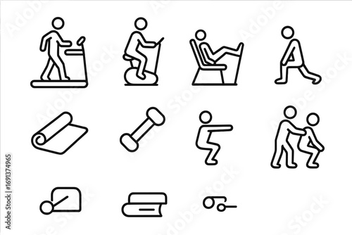 Rehabilitation Routine Icons. Outline icon set of rehabilitation routines: treadmill walk, stationary bike,