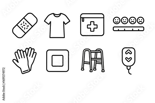 Post-Surgery Icons. Outline icon set of post-surgery recovery: surgical bandage, hospital gown, incision care