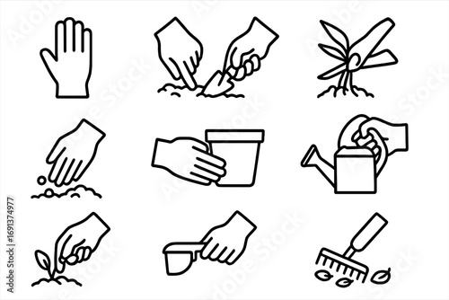 Gardening Icons Set. Outline icon set of using gardening gloves: hand with glove, soil digging, pulling weeds,