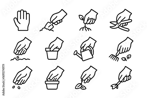 Gardening Icons Set. Outline icon set of using gardening gloves: hand with glove, soil digging, pulling weeds,