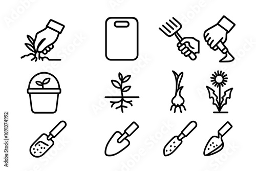 Weeding Tools Icons Set. Outline icon set of weeding with gloves: pulling weed, kneeling pad, hand rake, hoe,