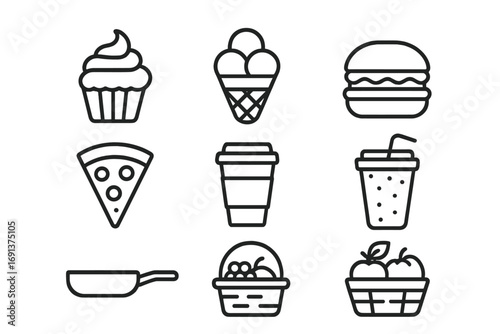 Food Icon Grid. Outline icon set of food-related fun day: cupcake, ice cream cone, burger, pizza slice, coffee