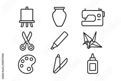 Creative Workshop Icons. Outline icon set of creative workshops: easel, clay pot, sewing machine, scissors,